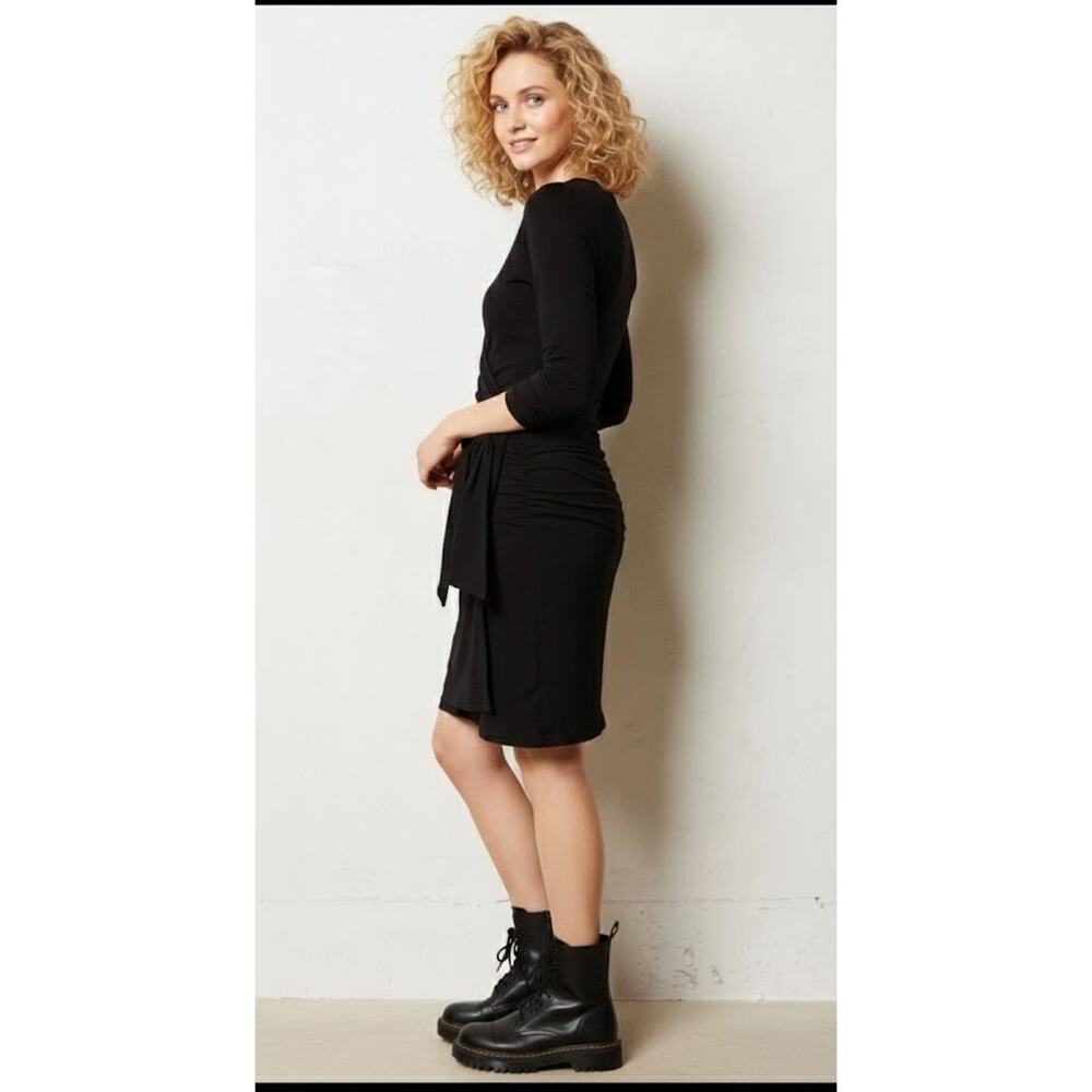 Anthropologie Dress Womens XS Black Ruched Faux Wrap Elbow Sleeve Vanessa